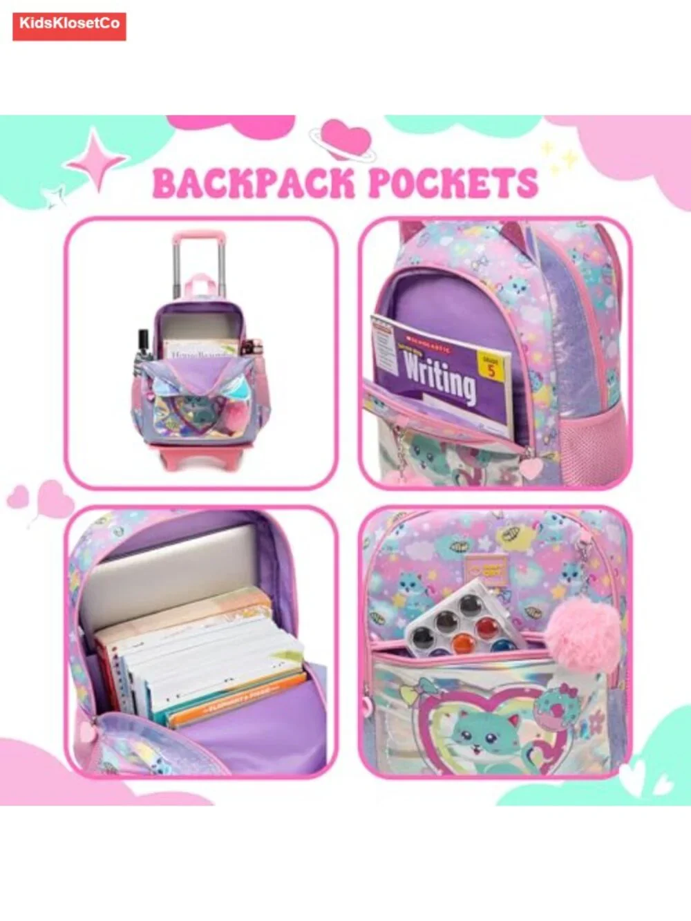 Kids Rolling Backpack with Lunch Box, Wheeled Backpack for School, Polyester